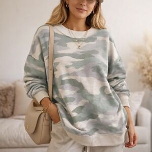 Aerie Pastel Camo Oversized Crewneck Sweatshirt Green gray Small